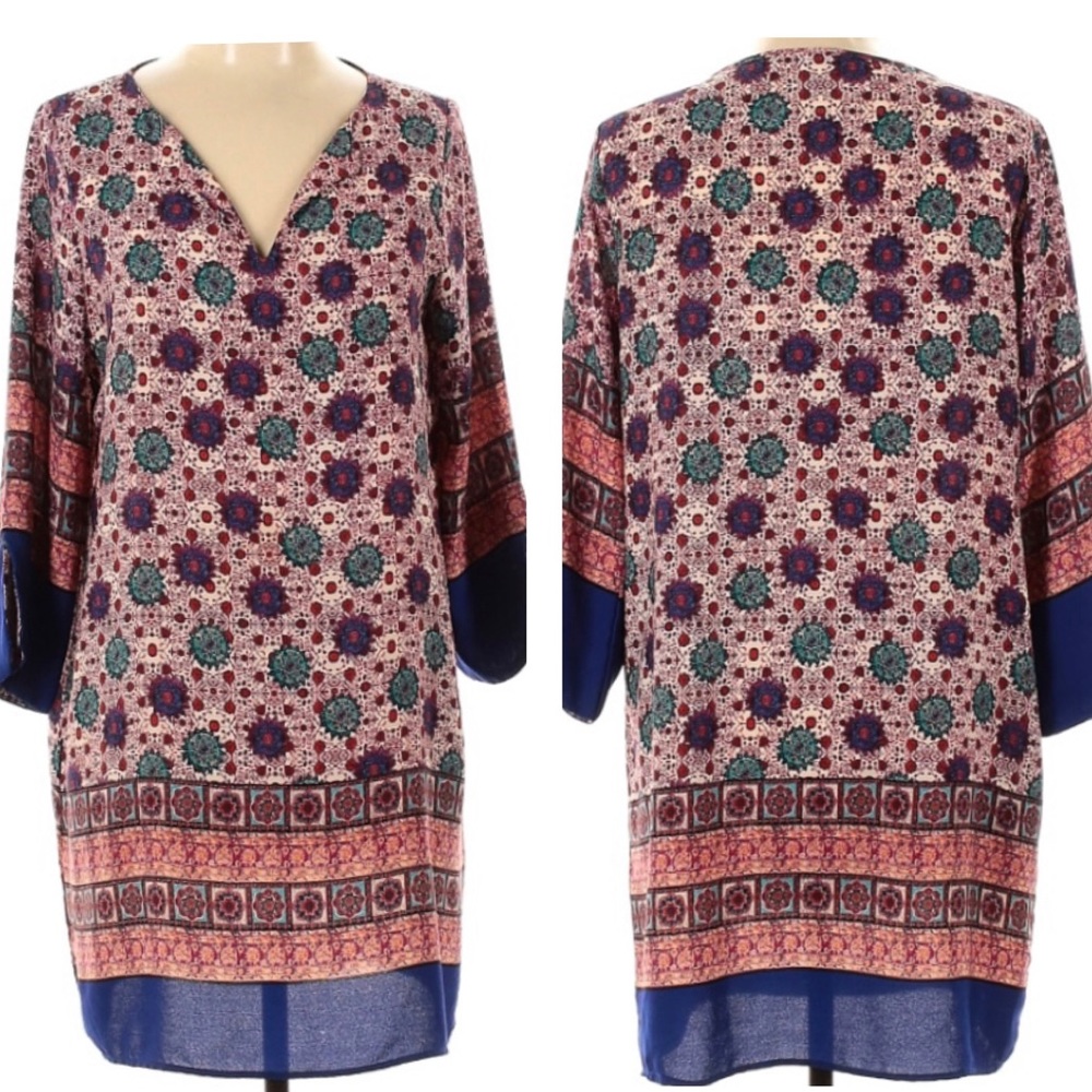 Renee C. Pullover Dress Geometric Print 3/4 Sleeve, Large Multicolor